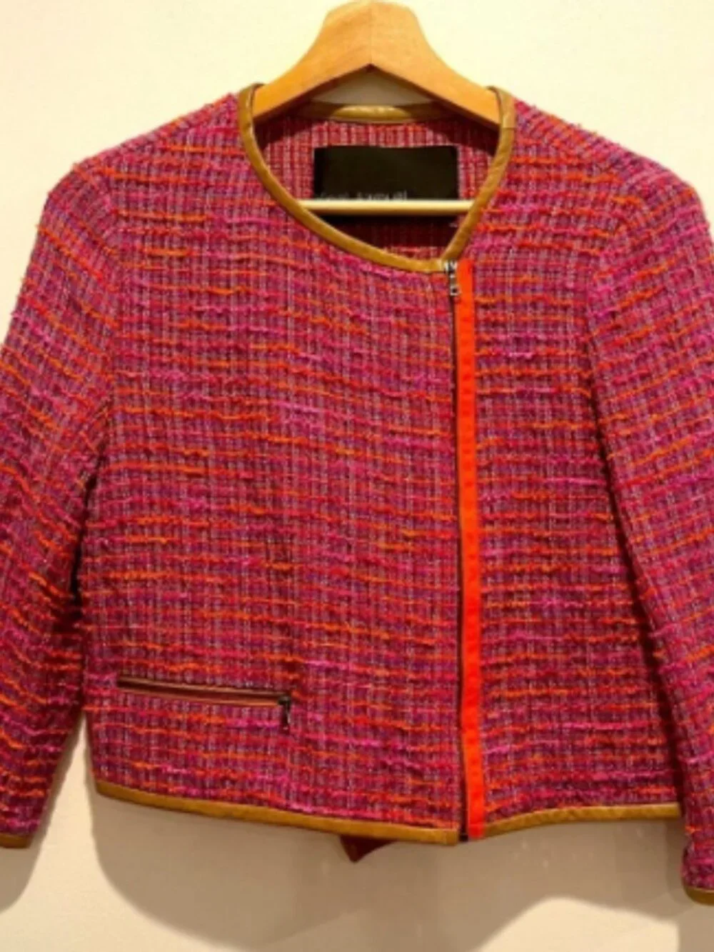 Yigal Azrouel Pink and Orange Blazer with Asymmetrical Zipper Leather Detail